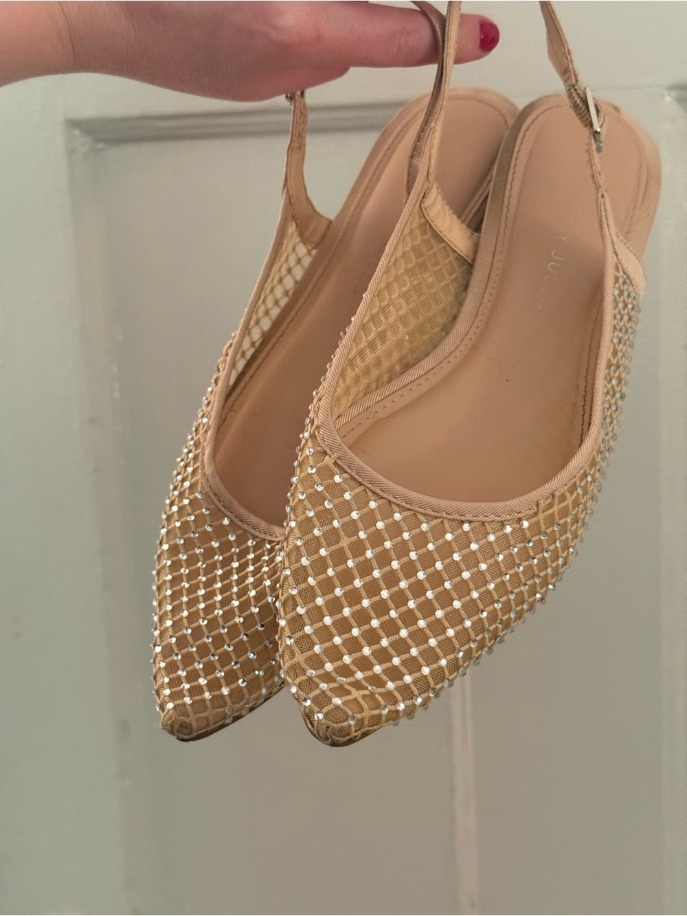 Beige Rhinestone Mesh Slingback Flats - Picture 2 of 5